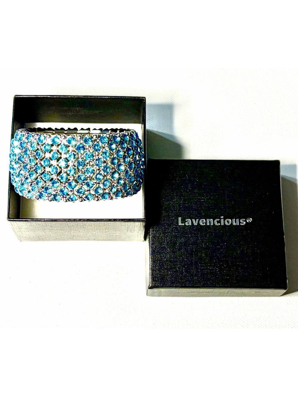 Lavencious Blue Round Rhinestone Stretch Cuff Bracelet Silver Tone Metal